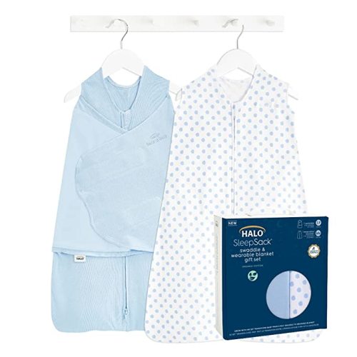 HALO Sleepsack Swaddle 3-6 Months and Wearable Blanket 6-12 Months 100% Organic Cotton 2-Piece Gift Set with Box, TOG 1.5, Chambray - Small/Medium (2pk)
