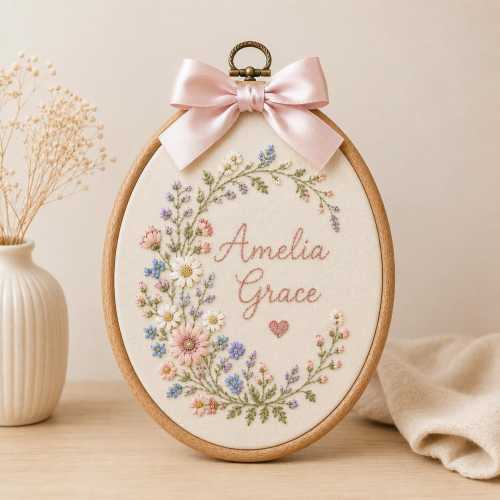 Personalized Floral Baby Name Sign, Custom Embroidered Nursery Wall Art, Oval Name Hoop Decor, Wildflower Newborn Gift Keepsake