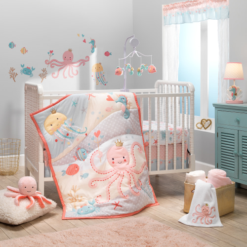 Free Shipping! Bedtime Originals Ocean Mist 3-Piece Pink/Gray/Yellow Baby Crib Bedding Set