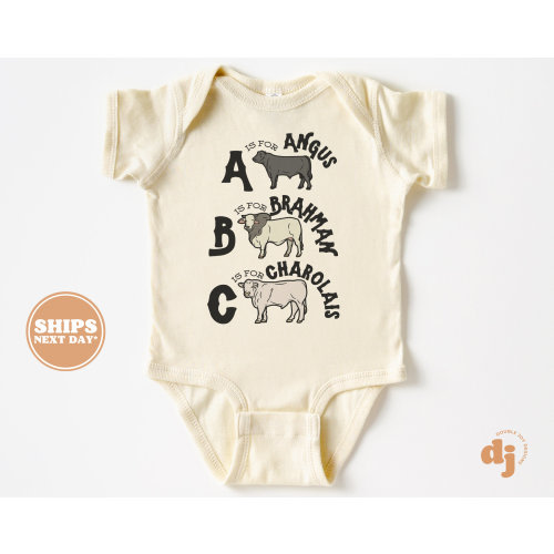Baby Bodysuit - Farm Animal ABC Cows Is Bodysuit - Cute Farm Baby Retro Natural Baby Bodysuit #5626