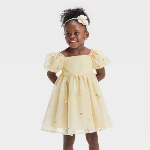 Audrey Camille Toddler Girls' Bell Sleeve Floral Tulle Dress - Yellow 4T