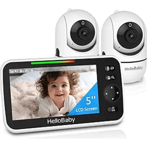 HelloBaby Upgrade 5’’ Baby Monitor with 30-Hour Battery, 2 Cameras Pan-Tilt-Zoom, 1000ft Range Video Audio Baby Monitor No WiFi, VOX, Night Vision, 2-Way Talk, 8 Lullabies and Temperature