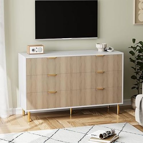 GarveeHome Dresser for Bedroom, Modern Chest of Drawers with Large Drawer, 6 Drawer Dresser with Gold Handles, Wood Storage Cabinet Organizer for Living Room, Hallway, Entryway, Natural