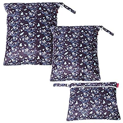 Damero 3Pcs Wet Dry Bag for Cloth Diaper, Swimsuit, Clothes, Ideal for Travel, Exercise, Daycare, Roomy and Water-Resistant(Butterflies and Flowers) - Pack of 3