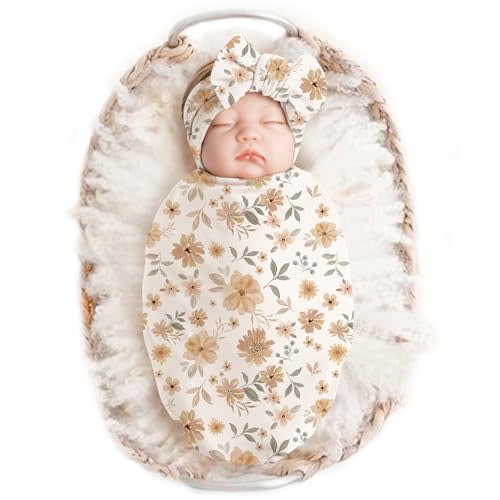 Konssy Baby Girl Newborn Receiving Blanket with Headband Set Baby Swaddle Nursery Swaddle Wrap