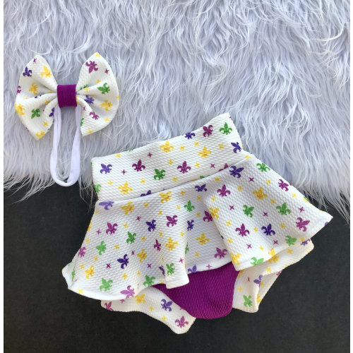 Mardi Gras High Waisted and Bummie Bow Set/Purple, Green and Gold Fleur De Lis Skirted Bummie Outfit/Mardi Gras Bummie/Shorts/Shorties/Skort