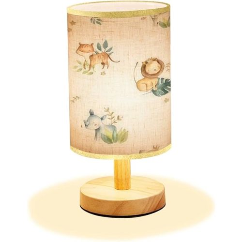 Minimalist Bedside Table Lamp Safari Animals Watercolor Cute Baby Nursery Seamless Wood Nightstand Lamp Bedside Desk Lamp Wood Base Flaxen Fabric Shade for Bedroom Living Room, 5.5x11inch