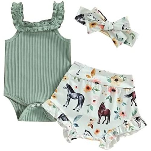 Sejardin Newborn Baby Girl Summer Clothes Letter Print Ruffle Sleeveless Ribbed Romper and Floral Shorts Infant Outfit