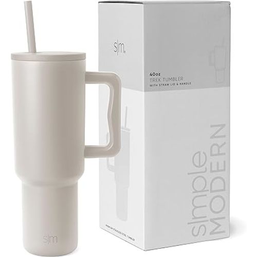Simple Modern 40 oz Trek Tumbler with Handle and Straw Lid | Cup Holder Friendly Insulated Stainless Steel Travel Mug | Almond Birch