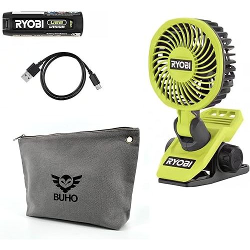 Buho Clamp Fan Accessory Bundle - Ryobi USB Fan Powerful Cooling Adjustable Head Multi-Directional Airflow 2 Speed Settings 135 CFM 7 Hours Runtime Clamping Capacity Zipper Pouch