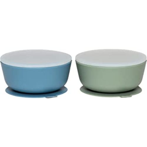 WeeSprout Silicone, Plastic Dishware Bowls Leakproof Premium Lids Durable for Babies and Toddlers, Dishwasher, Microwave and Freezer Safe Set of 2, Muted Blue + Muted Green