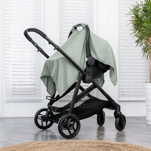 Muslin Cotton Baby Car Seat Cover, Universal Fit Carseat Canopy Covers for Babies, Girls and Boys by Comfy Cubs (Fern)