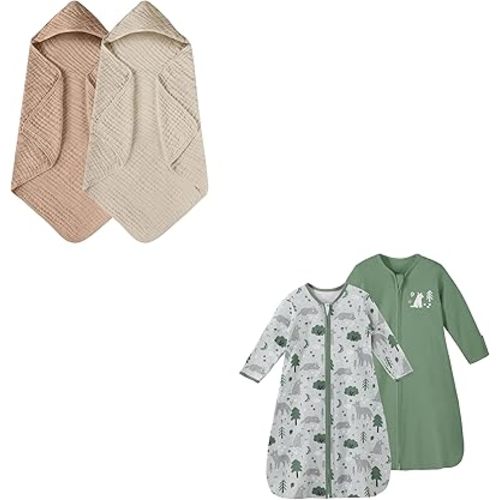 Yoofoss Hooded Baby Towels for Newborn 2 Pack 100% Muslin Cotton Baby Sleep Sack 6-12 Months Long Sleeve Wearable Blanket