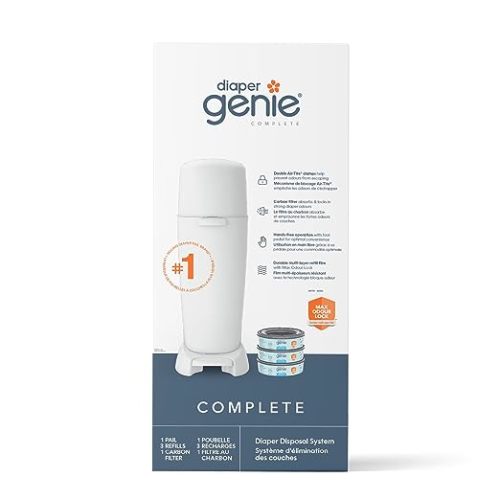 Diaper Genie Complete Diaper Pail (White) with Odor Control | Includes 1 Diaper Trash Can, 3 Refill Bags, 1 Carbon Filter - Pail + 3 Refill