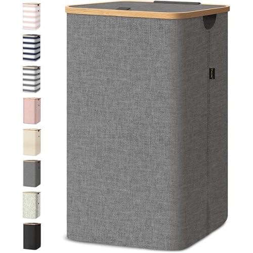 BALEINE Laundry Hamper with Lid, Tall Laundry Baskets with Bamboo Pull Handles, Large Laundry Bin with Internal Support (18 Gal/70L, Grey)