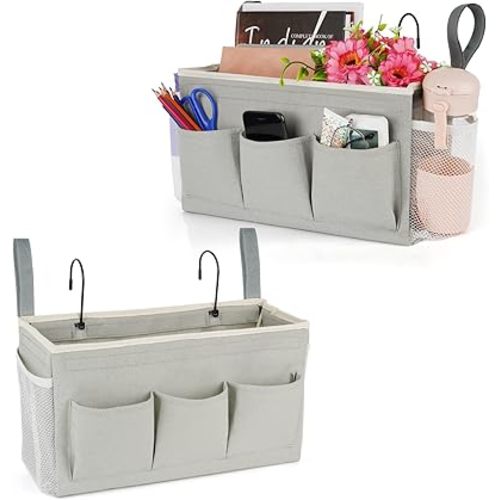 Lilithye Bedside Caddy Organizer with Fixed Straps & Water Bottle Holder for Home, College Dorm, Bunk Bed, Hospital & Crib Bed Rails (2 pcs, Grey)