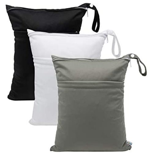 Babygoal Wet Dry Bags for Baby Cloth Diapers, Washable Travel Bags, Beach, Pool, Gym Bag for Swimsuits & Wet Clothes with 2 Pockets 3 Pack L-BWG