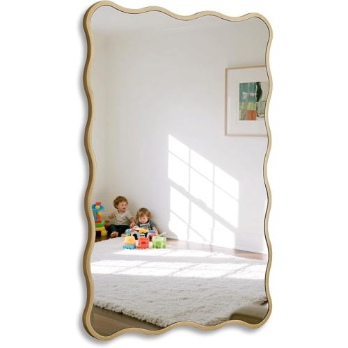 Gold Wavy Bathroom Mirror 20x30 Rectangle Scalloped Farmhous Mirror Modern Wood Farme Mirror Wall Decor for Bathroom Entryway Living Room Bedroom Hallway