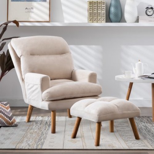 Bonzy Home Accent Chair with Ottoman, Adjustable Backrest Seat,Velvet Fabric Chair for All Age,Beige