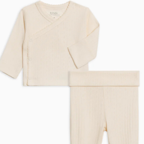 2-Piece Lacey Brushed Back Pointelle Kimono Top and Pant Set