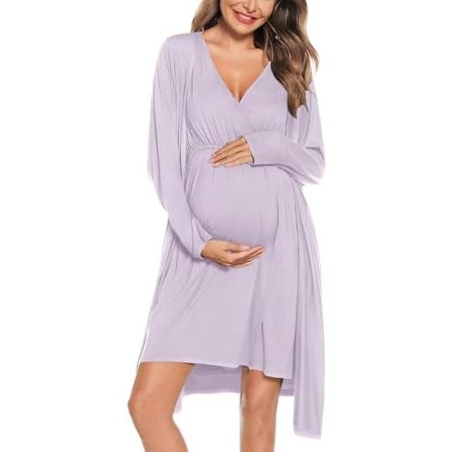 Women Maternity Nursing Gown and Robe Set 3 in 1 Labor Delivery Nursing Nightgown for Breastfeeding Hospital Bathrobe