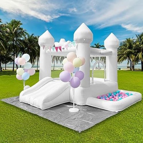 JIOJIOPLAY 9FT White Bounce House,Inflatable Toddler Bouncy House for 3-6 Age Kids Party Gift with Blower White Jumper Bouncy Castle Wedding Decorations for Outdoor Play Backyard