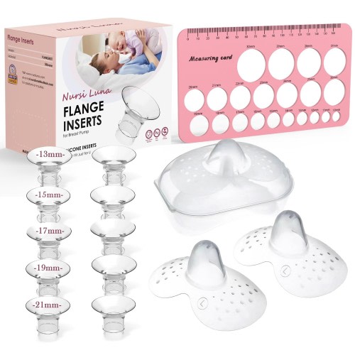 Flange Sizing Kit with Flange Inserts 13/15/17/19/21mm 10PCS, Nipple Measurement Tool and 2 24mm Silicone Nipple Shields, Breast Pump Flange Insert for 24mm Most Pumps, Pumping Breastfeeding Essential