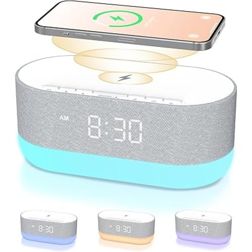HOUSBAY 3 in 1 Sound Machine Alarm Clock& Wireless Charger: Soothing White Noise, Bluetooth Music Relaxation & Customized Sleep-Wake Routine