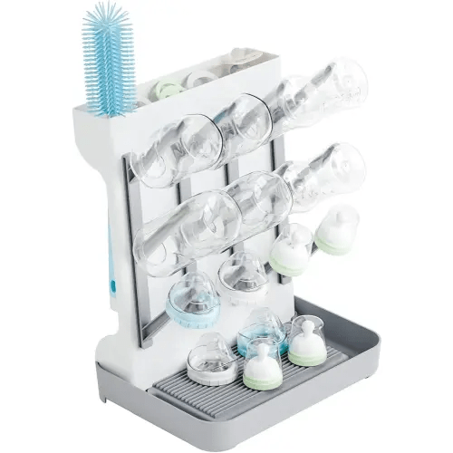 SUOXING Vertical Baby Bottle Drying Rack Space Saving for Countertop & Kitchen,Large Multi Tiered Baby Bottle Holder Storage and Glass Cup Drying Rack for 11 oz Bottles,Pump Parts,Pacifiers,Smart Grey