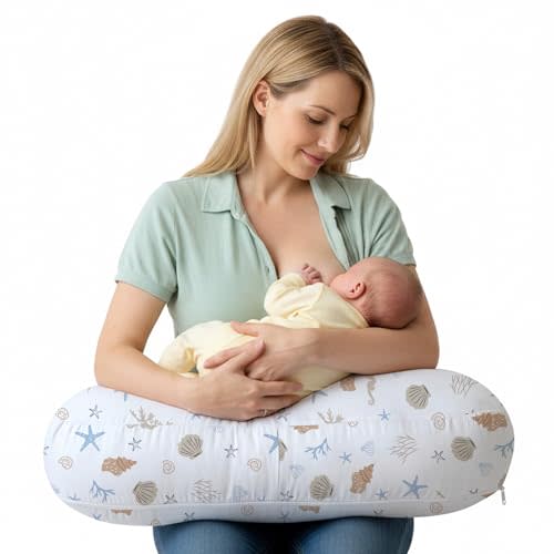 Little Grape Land Nursing Pillow for Breastfeeding, Ergonomic Feeding Pillow with Removable Cover, Baby Feeding Pillow with Hidden Zipper Guard and Supportive Breathable Filling, Shell, Upgraded