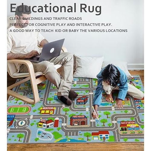 Educational Road Traffic Carpet Kids Carpet Playmat Car Rug Fun City Life Map Kids Car Rug Non Slip Play Carpet for Children Playroom Bedroom Classroom Decor (Sky Blue, 5'2''x3'3'')