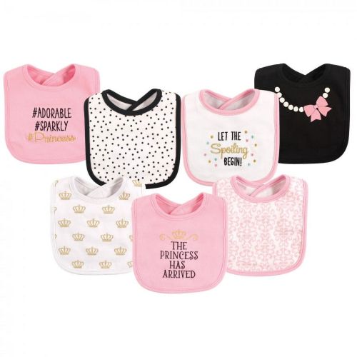 Hudson Baby 7pk Cotton Drooler Bibs for Infant Girls, Princess Theme, One Size
