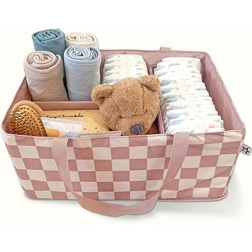 Tiny Twinkle Diaper Caddy Organizer | Foldable Baby Storage Basket with Removable Divider | Waterproof & Mess-Proof Fabric, Portable Nursery Organizer for Newborn Essentials (Beige Checkers)