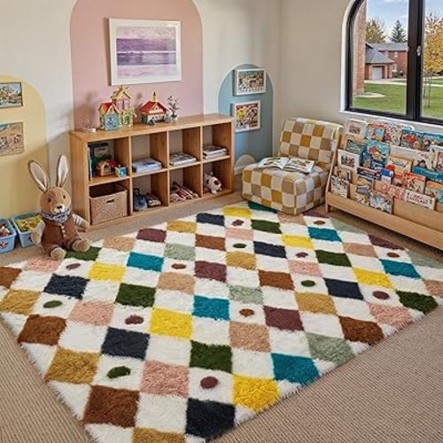 Rainbow 5x8 Area Rug for Living Room Washable Non Slip Neutral Soft Bedroom Checkered Carpet Colorful Fluffy Modern Shag Fuzzy Indoor Large Aesthetic Bedroom Home Office Playroom Nursery