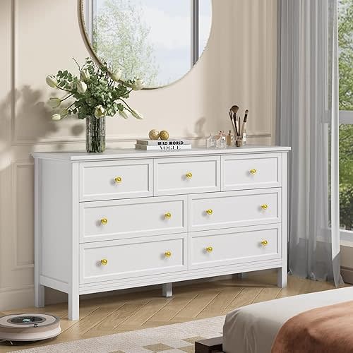 CARPETNAL White Dresser for Bedroom, 7 Drawer Dresser with Wide Drawers and Gold Metal Handles, 55" White and Gold Dresser TV Stand, Modern Dressers & Chests of Drawers for Hallyway, Entryway.