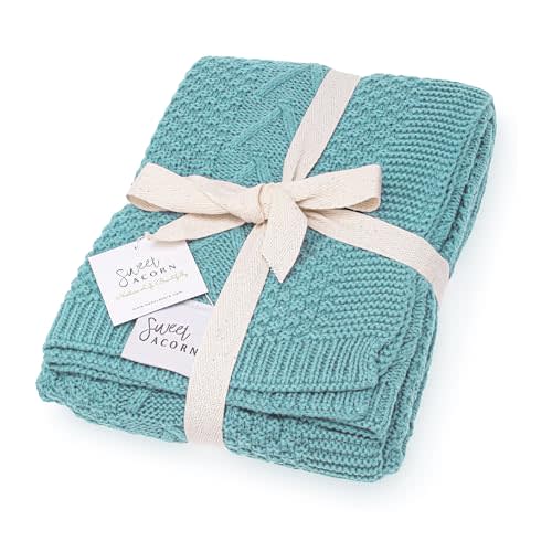 Sweet Acorn Knit Baby Blanket in Cable Pattern, Organic Cotton Blankets for Crib or Stroller, Receiving Blankets - Ocean Teal