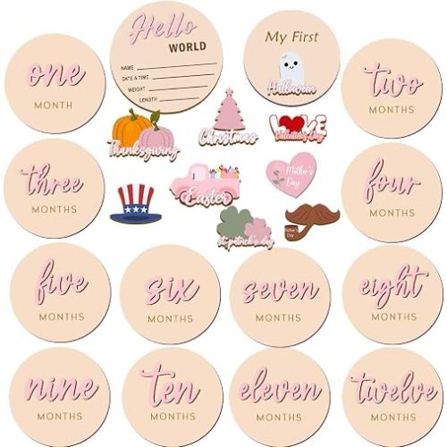 Monthly Baby Milestone Maker Discs, Baby Milestone Signs for Newborn Baby, Hello World Newborn Sign for Baby Girl & Boy, Baby Announcement Sign for 1-12 Month, Milestone Wooden Circles (Pink)