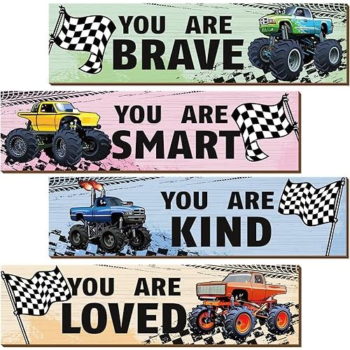 Geetery 4 Pcs Truck Bedroom for Son Wall Decor Construction Trucks Room Decor Inspirational Racing Car Wooden Hanging Sign Motivational Quote Car Decoration for Bedroom Living Room Women Men