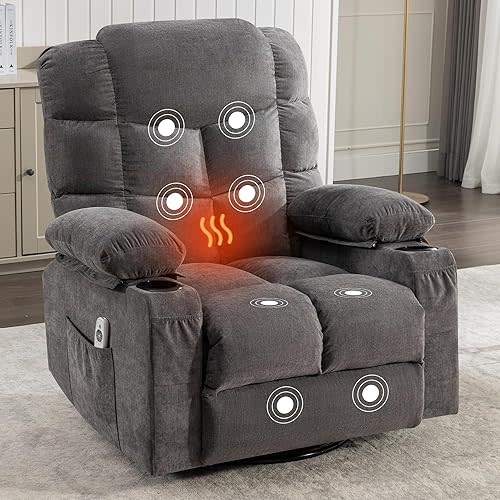 Recliner Rocking Chair with Heating Massage - Reclining Sofa Swivel Recliner Chair with 2 Cup Holders, USB Charge Port, Side Pockets, Nursery Lounge Chair Rocking Recliner for Living Room (Grey)