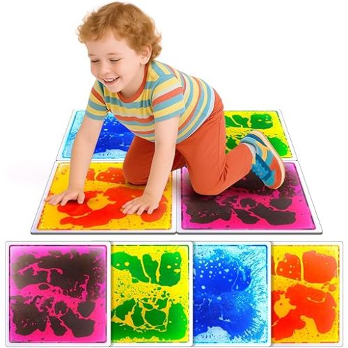Sensory Floor Tiles for Kids Toddlers: 12"x12" Liquid Sensory Mats Puzzle Pads, Colorful Autism Sensory Play Mat for Dancing Stepping Lava Tile Games, Daycare Sensory Room Preschool Must Have(4 Pack)