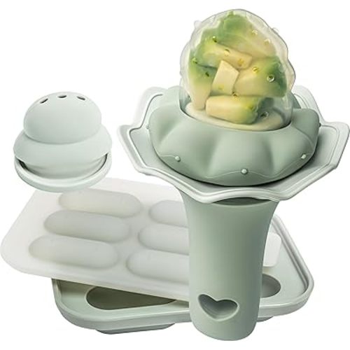 Moonkie Baby Fruit Feeder with Freezer Tray | BPA Free Silicone Infant Food Feeder | Fun Rattle Sound Handle | Two Sizes Pouches and Breastmilk Popsicle Molds | 4 Months+ Introduce New Foods, 1 Pack