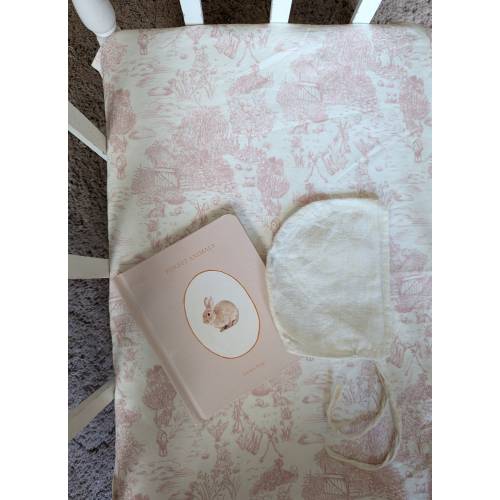 Pink cottage toile Baby Bedding Fitted Crib Sheet botanical Mini custom village Cottage bunnies rabbit BLUSH