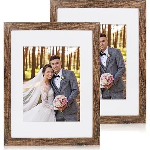 11x14 Picture Frame Set of 2, Made of Real Glass and Rustic Brown Wooden Frame, Display 8x10 Pictures with Mat or 11 x 14 Posters without Mat for Wall Mounting, Gallery Photo Frames