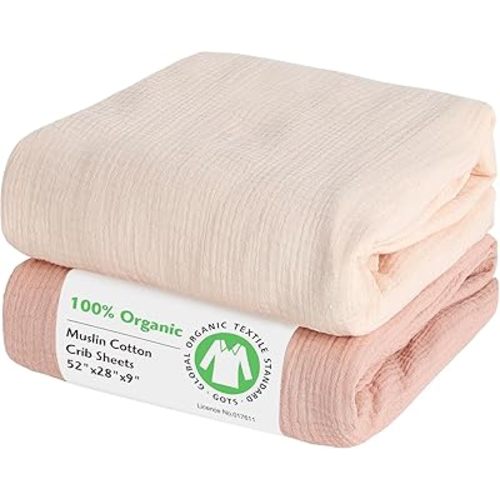 Baby Organic Fitted Crib Sheets 2 Pack 100% Organic Cotton Muslin 52x28 Inches, Ultra Breathable and Soft Sheet Fits All Standard Crib Mattress Sheet Neutral Toddler Bedding for Baby Boys Girls