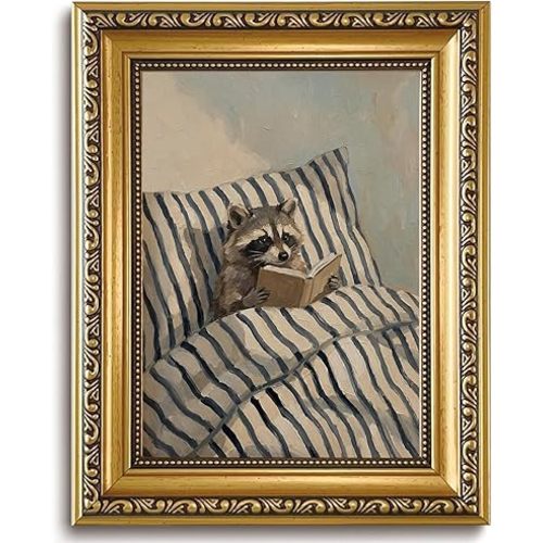 Gold Framed Whimsical Wall Art, Raccoon Reading Book in Bed Canvas Print, Funny Animal Wall Decor for Kid Bedroom Nursery Library Classroom, 8x10 Inch