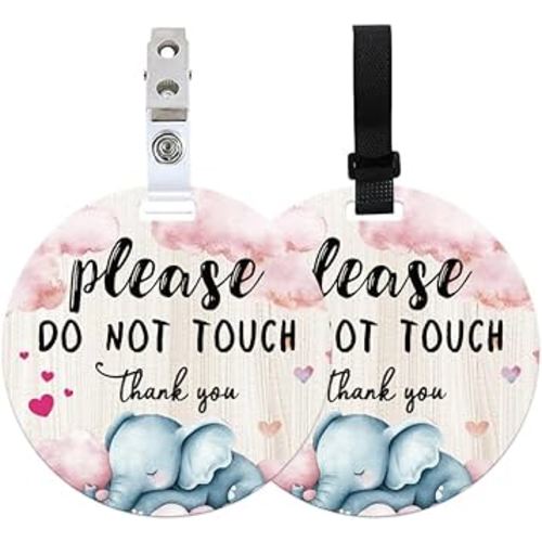 2 Pack Cute Elephant No Touching Signs Pink Stop No Touching Safety Sign for Family PVC Seat Signs-Stroller Tag with Hanging Strap and Clip for Car Accessories 5 Inches