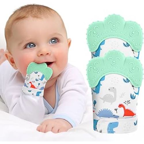 2Pack Silicone Teething Mitt, Soothing Infant Teething Mitten Pain Relief, Prevent Scratches Glove, Safe Silicone Teething Toys for 0-12 Months