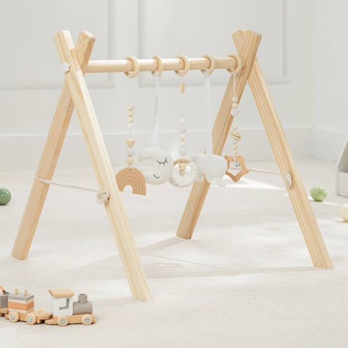 Amazon.com : Comfy Cubs Wooden Baby Play Gym - Natural Finish Pinewood Baby Activity Gym with 5 Sensory Hanging Toys - Easy No-Tool Assembly, Safe and Durable for Infant Motor and Visual Development - Natural Wood