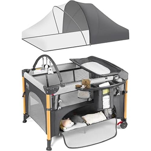 Baby Bassinet 5 in 1 Pack and Play,Baby Crib Adjustable Beside Sleeper One-Second &One-Hand Setup,Portable Playard Foldable Playpen for Newborn,Babies and Toddlers with Changing Table,Mattress (Grey)