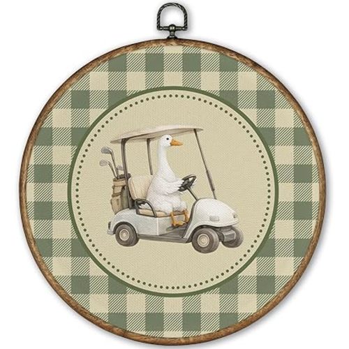 TLESKE Goose Golf Nursery Round Wall Art Decor Framed 10x10, Sports Nursery Canvas Wall Art Prints Artwork, Green Gingham Goose Hanging Wall Picture Room Door Decor for Kids Room Bedroom Playroom
